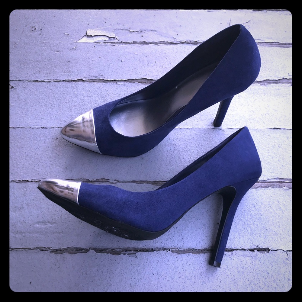 Navy Blue Faux Suede heels - Picture 1 of 5